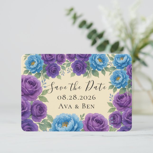 Cartões salve a data Rosa Púrpura Azul (Em pé/Frente)