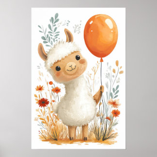 Cartoon Bonito Llama segurando Poster de Balão Lar