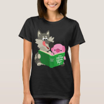 Cartoon Bonito Porco e Lobo Lendo Camiseta Mulher