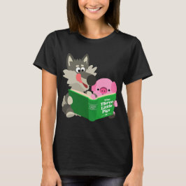 Cartoon Bonito Porco e Lobo Lendo Camiseta Mulher