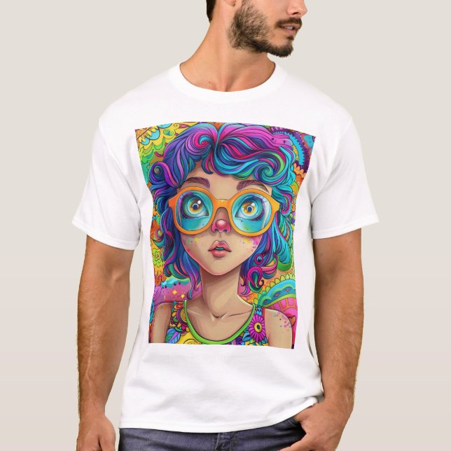 Cartoon Colorido Linda Menina Camiseta Bonita (Frente)