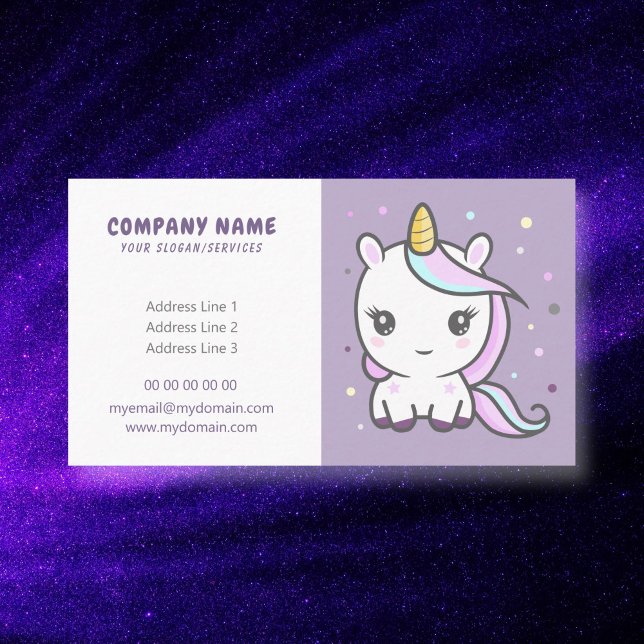 Cartoon Cute Unicorn Purple Cartão de visita (Cute Unicorn Business Card)