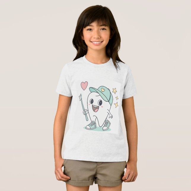 Cartoon Dente Bonito - Camisa Dental Infantil (Frente Completa)