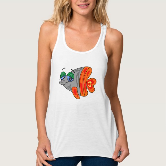 cartoon funny fish orange grey tank top (Frente)