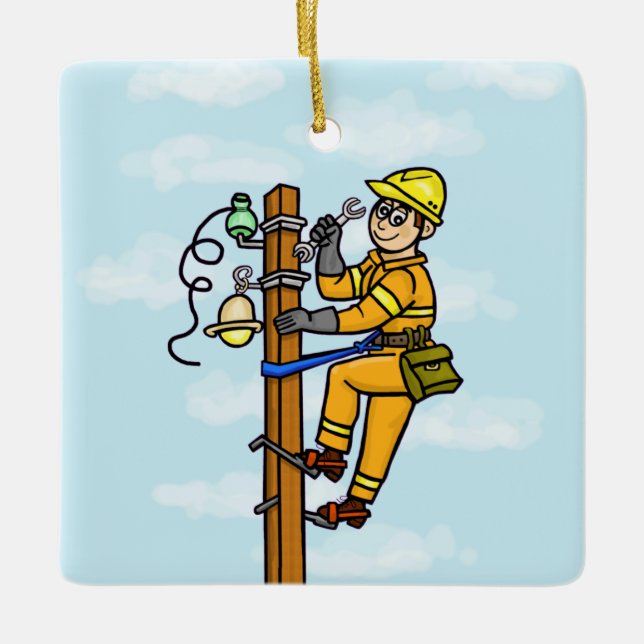 Cartoon Lineman Trabalhando No Ornamento De Polos (Frente)