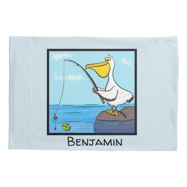 Cartoon pelicano de pesca engraçado (Verso)