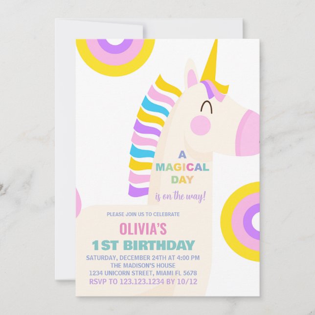 Cartoon Rainbow Unicorn - Convites de Aniversário (Frente)