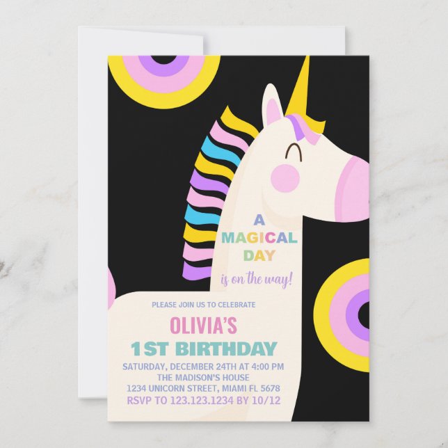 Cartoon Rainbow Unicorn - Convites de Aniversário (Frente)