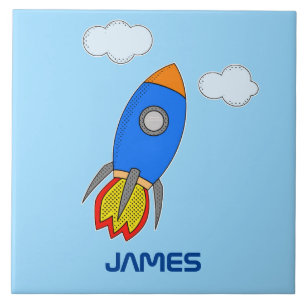 Cartoon Rocket In Blue Sky Nursery Decor