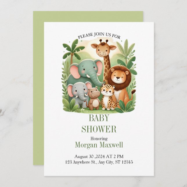 Cartoon Safari - Convite para Chás de fraldas (Frente/Verso)