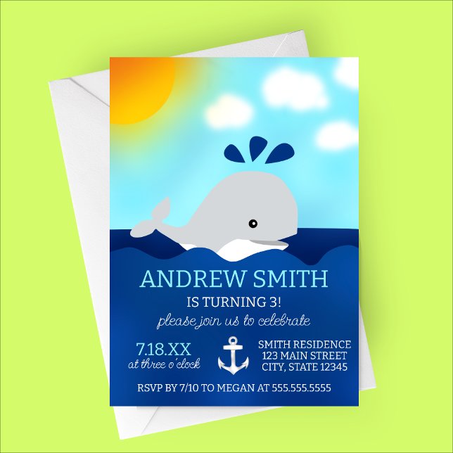 Cartoon Whale Summer Convite de aniversário (Cute Whale Modern Birthday Party Invitation | Summer Birthday Party)