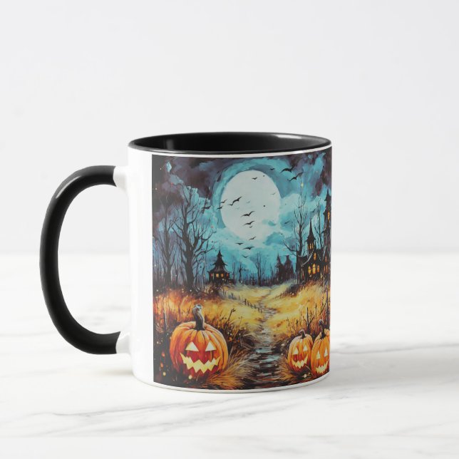 Casa Assombrada Lua Cheia Abóboras Caneca de Hallo (Esquerda)