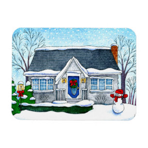 Casa bonito do Natal com ímã do boneco de neve