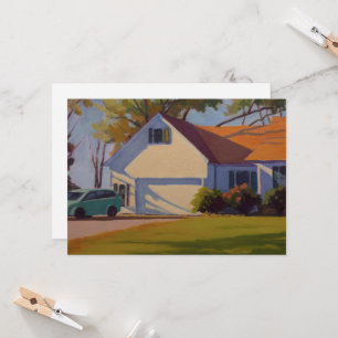Casa com cartão de árvores laranja amarelo verde