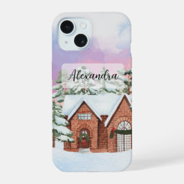 Casa Cozy com Céu Colorido e Pinheiros Inverno