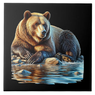 Casa de campo acolhedora com urso marrom no lago