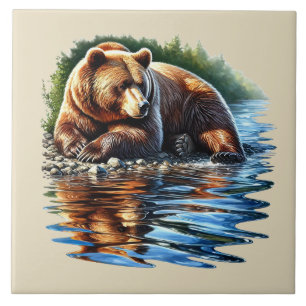 Casa de campo acolhedora com urso marrom no lago