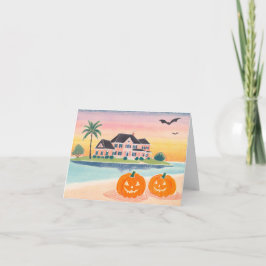 Casa de praia rosa no Halloween - Cartão de nota