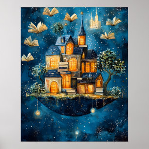 Casa Flutuante de Livros Poster de Arte Fantasia