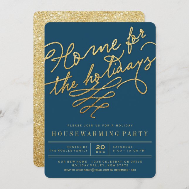 Casa Para O Convite Do Feriado Dourado Do Glitter  (Frente/Verso)