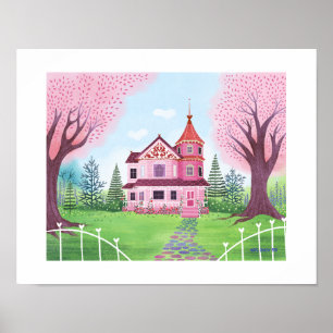 Casa Vitoriana Rosa e Impressão de Arte do Flor de