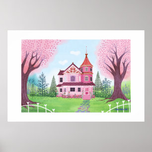 Casa Vitoriana Rosa e Impressão de Flor de Cereja