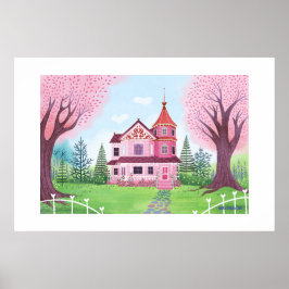 Casa Vitoriana Rosa Impressão Grande