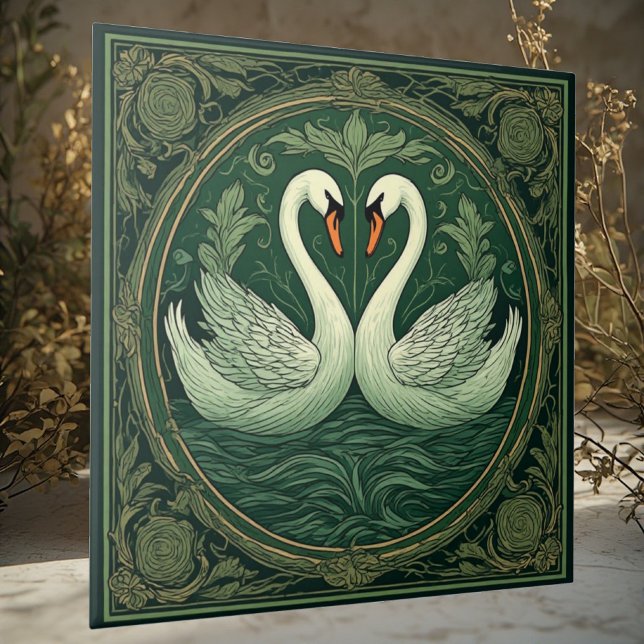 Casais de Amantes do Cisne Verde Art Nouveau Etére (Art Nouveau Green Swan Lover Couples Ethereal Lake Ceramic Tile)
