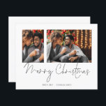 Casal 2 Fotografias Script Merry Christmas Card<br><div class="desc">Casal de Orçamento 2 Fotos Roteiro Feliz Natal. Um valor para o alternativo do ORÇAMENTO em tamanho menor de 4, 5 x 5, 6" de semirbrilho de 110 lbs, que é de espessura semelhante a um cartão postal (no entanto, não é adequado para uso como cartão postal). POR FAVOR, NOTE...</div>