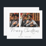 Casal 2 Fotografias Script Merry Christmas Card<br><div class="desc">Casal de Orçamento 2 Fotos Roteiro Feliz Natal. Um valor para o alternativo do ORÇAMENTO em tamanho menor de 4, 5 x 5, 6" de semirbrilho de 110 lbs, que é de espessura semelhante a um cartão postal (no entanto, não é adequado para uso como cartão postal). POR FAVOR, NOTE...</div>