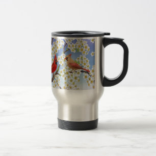 Casal cardinal na caneca de viagem da árvore de