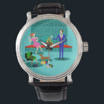 Casal com o relógio dos cães<br><div class="desc">Este Casal Retroativo com o Relógio de Cachorros parece uma cena de uma comédia romântica. O estilo da década de 1960, design de arte minimalista apresenta um casal atraente desfrutando de uma noite romântica em casa. A sala sofisticada apresenta de forma destacada um aqua e uma lareira de tijolos com...</div>