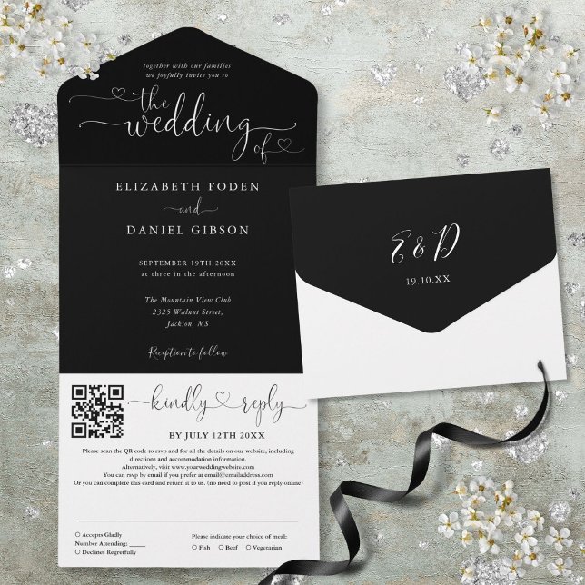 Casal de Corações Preto e Branco Código QR Casamen (Black And White Hearts Script QR Code Wedding All In One Invitation)