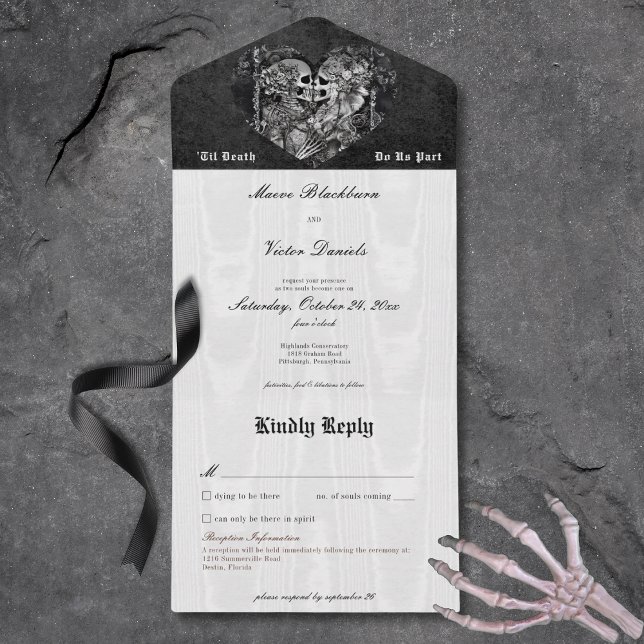 Casal de esqueleto preto e branco gótico com detal (Gothic Black & White Skeleton Couple with Details All In One Invitation)