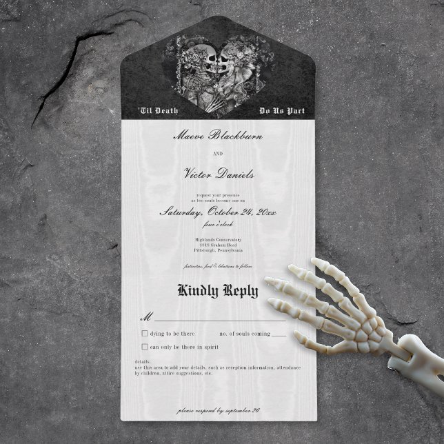 Casal de esqueleto preto e branco gótico sem Janto (Gothic Black & White Skeleton Couple No Dinner All In One Invitation)