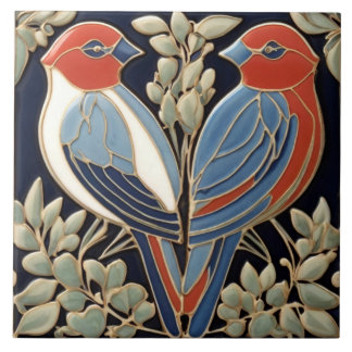 Casal de pássaros Azul Vermelho - Art Nouveau Art