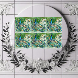 Casal de Pavão Azul Motivo de Penas Douradas Verde