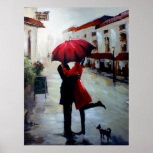 Casal de safra com Poster de guarda-chuva e cão