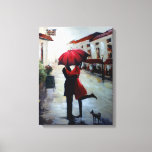 Casal de vindima com guarda-chuva e Canvas de cão<br><div class="desc">Pintura de canvas de réplica de um casal apaixonado segurando um guarda-chuva vermelho na cidade do Mediterrâneo com um pequeno Terrier escocês</div>