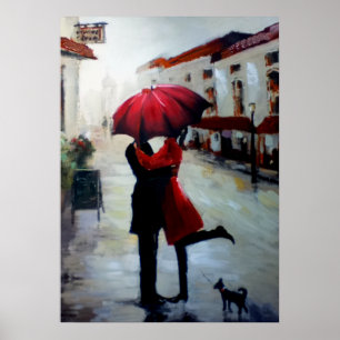 Casal do vintage com impressão do guarda-chuva e