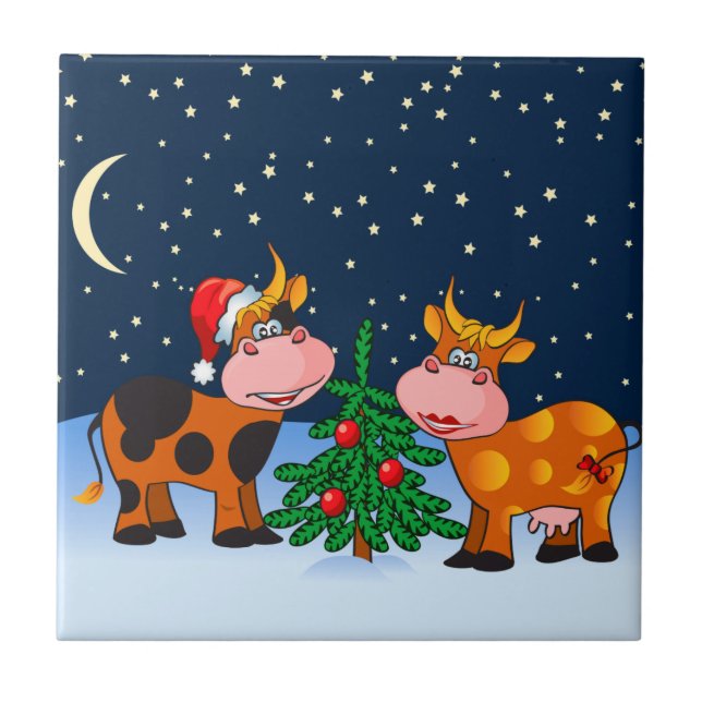 Casal doce da vaca do Feliz Natal pela árvore de (Frente)
