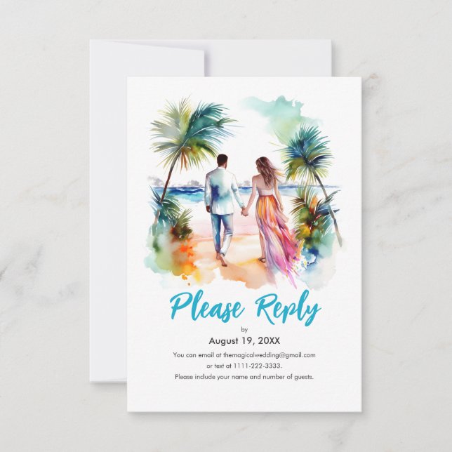 Casal em Beach Wedding Watercolor Response RSVP (Frente)