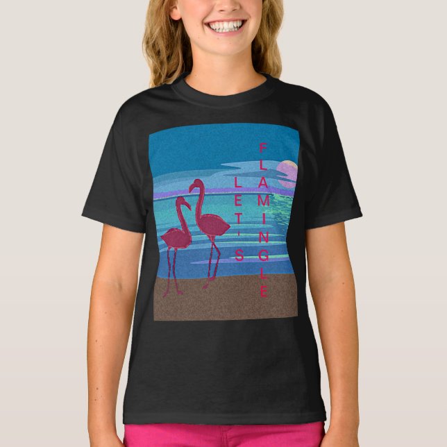 Casal Flamingo rosa na camiseta da garota sunset (Frente)
