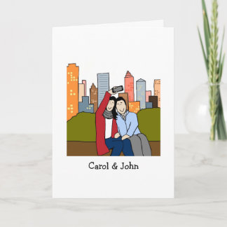 Casal que toma o cartão personalizado selfie- dos