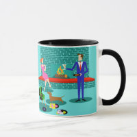 Casal retro com caneca do cão