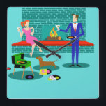 Casal retroativo com Relógio de Parede Acrílico de<br><div class="desc">Este Casal com Relógio de Parede Acrílica de Cachorros parece uma cena de uma comédia romântica. O estilo da década de 1960, design de arte minimalista apresenta um casal atraente desfrutando de uma noite romântica em casa. A sala sofisticada apresenta de forma destacada um aqua e uma lareira de tijolos...</div>