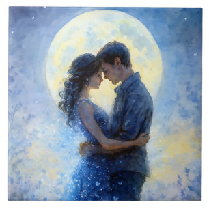 Casal Romântico Lua Aquarela Arte Dreamy Azul