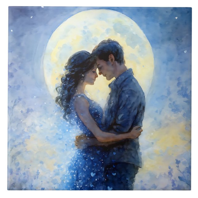 Casal Romântico Lua Aquarela Arte Dreamy Azul (Frente)