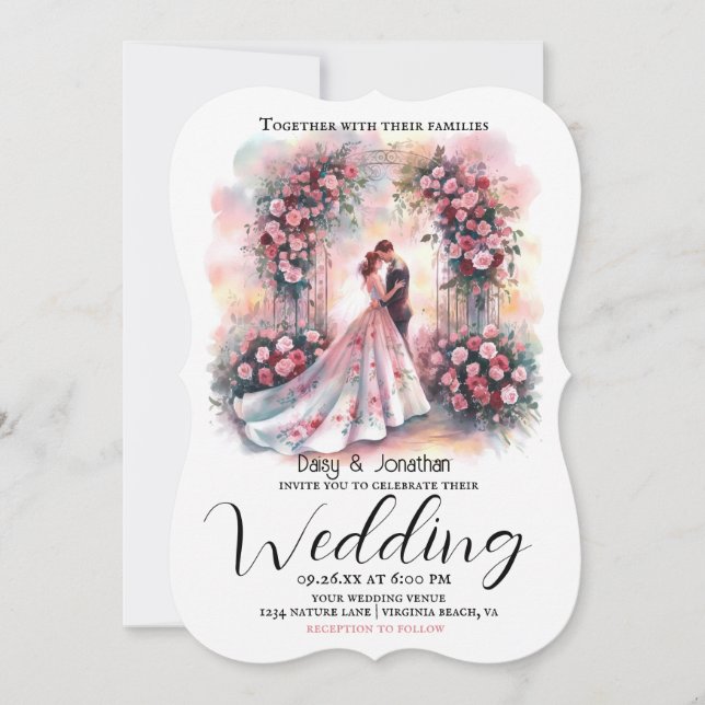 casal romântico sob o casamento do arco floral (Frente)