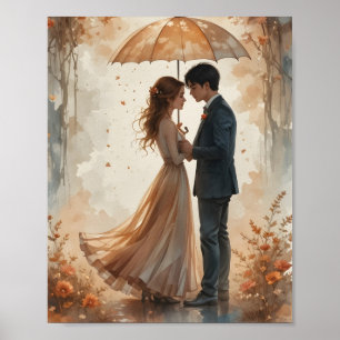 Casal Romântico sob o Poster dos Guarda-chuvas do